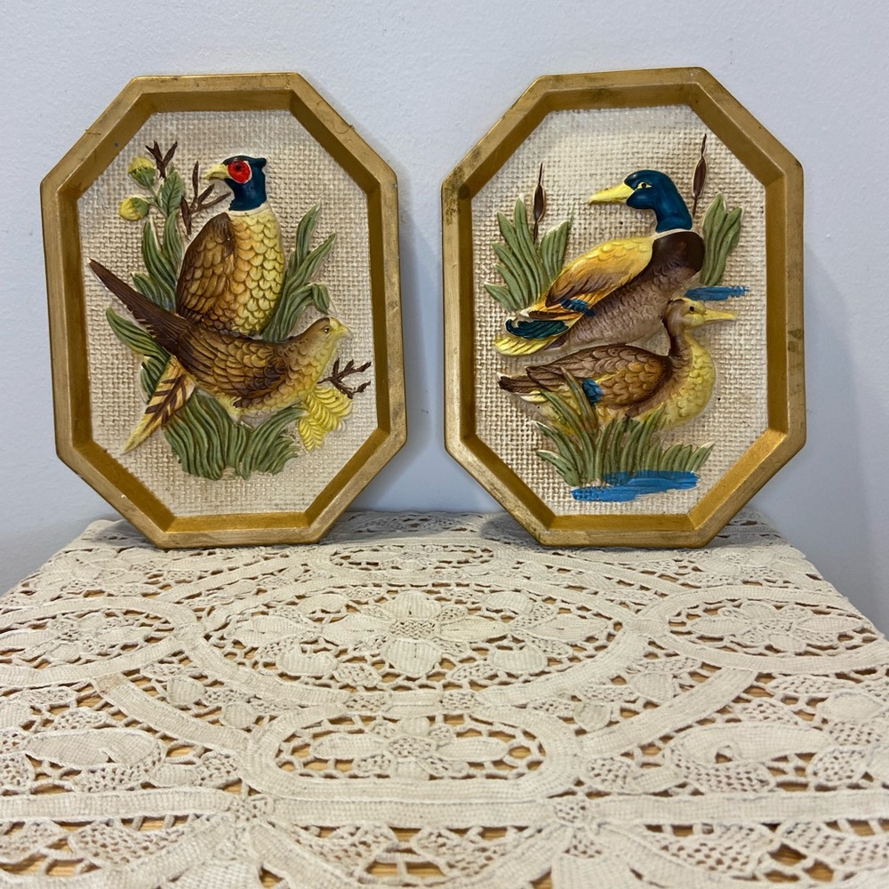 Vintage Set of 2 Plaster Wall Plaques of Pheasants and Ducks-Made in Japan